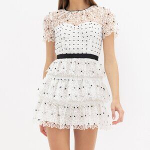 Self-Portrait White Guipure Lace Tiered Mini Dress – Size US 6